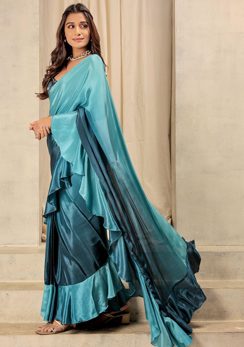 Blue Printed Satin Pre Stitched Saree