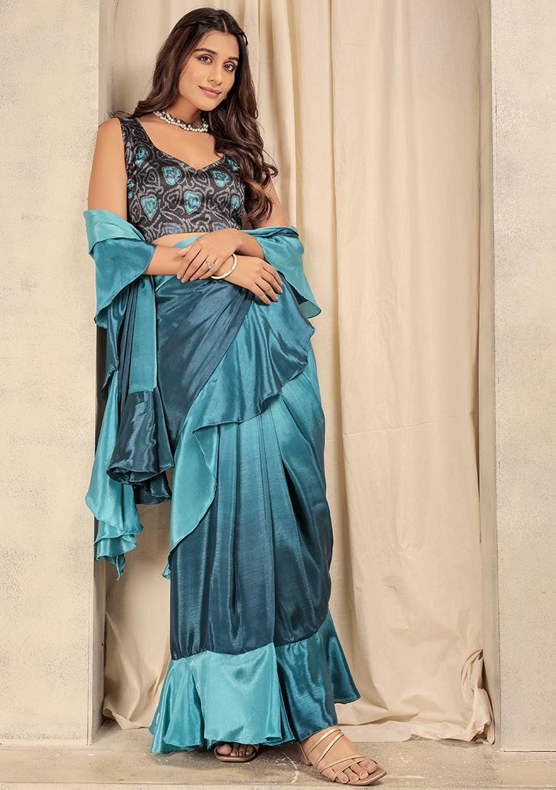 Blue Printed Satin Pre Stitched Saree
