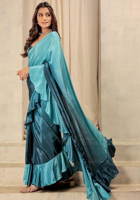 Blue Printed Satin Pre Stitched Saree