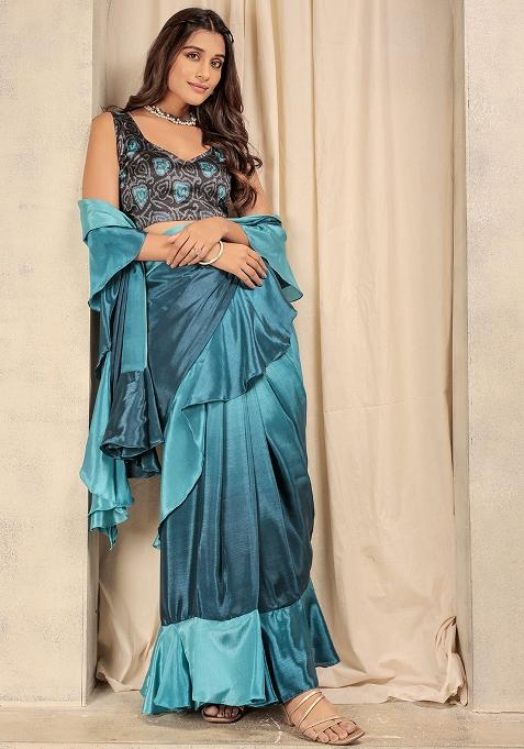Blue Printed Satin Pre Stitched Saree