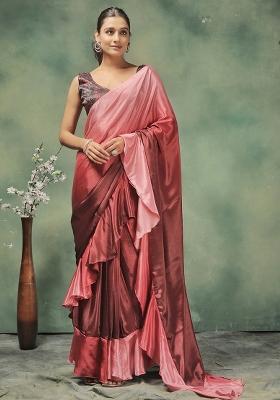 Pink Printed Satin Pre Stitched Saree
