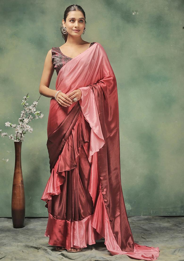 Pink Printed Satin Pre Stitched Saree