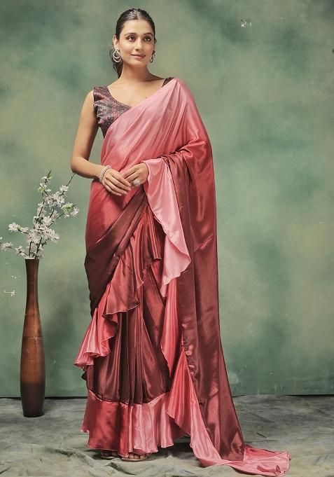Pink Printed Satin Pre Stitched Saree