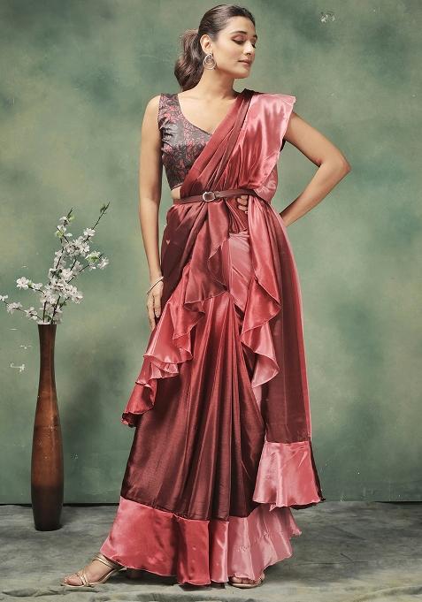 Pink Printed Satin Pre Stitched Saree