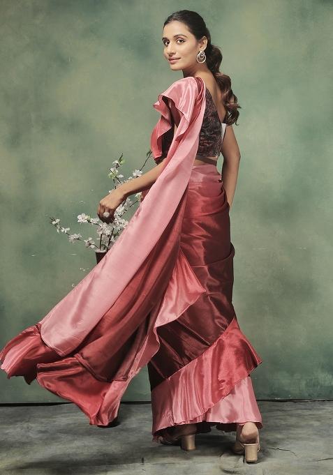 Pink Printed Satin Pre Stitched Saree