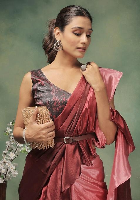 Pink Printed Satin Pre Stitched Saree