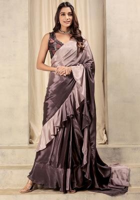 Wine Printed Satin Pre Stitched Saree