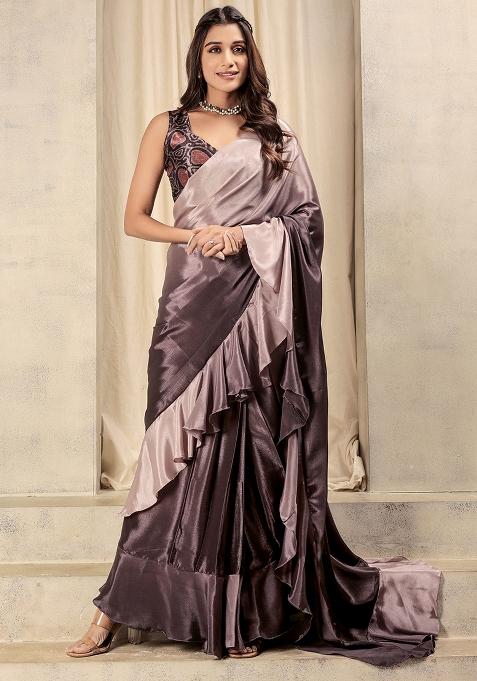 Wine Printed Satin Pre Stitched Saree