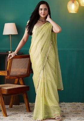 Olive Printed Organza Pre Stitched Saree