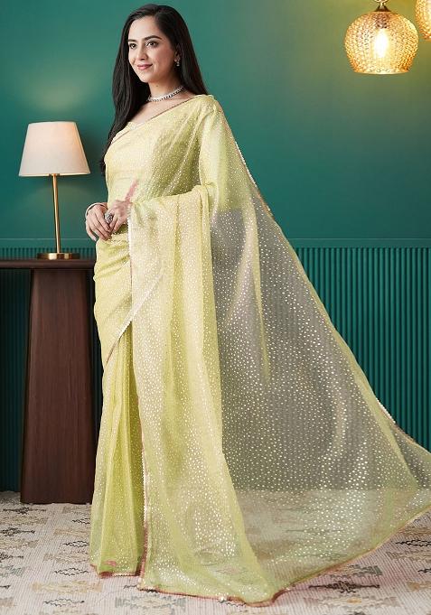 Olive Printed Organza Pre Stitched Saree