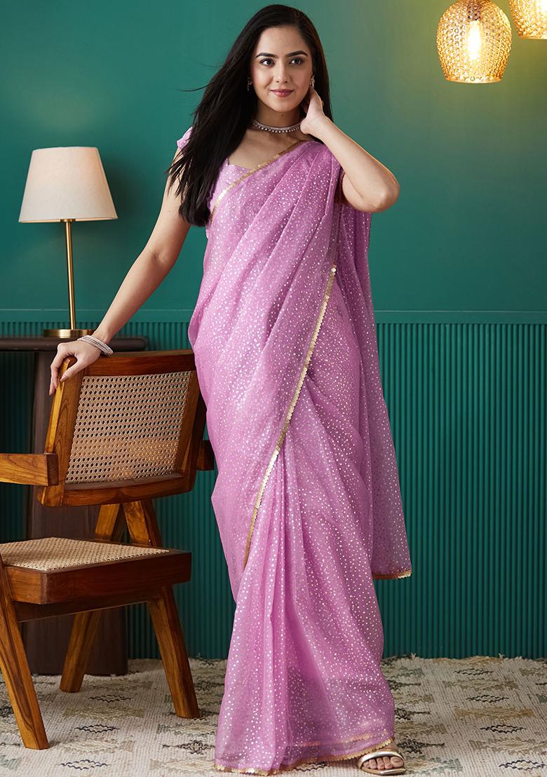 Purple Printed Organza Pre Stitched Saree