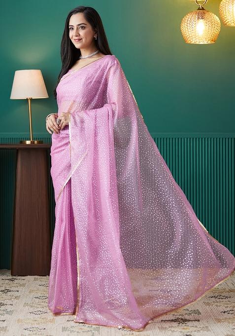 Purple Printed Organza Pre Stitched Saree