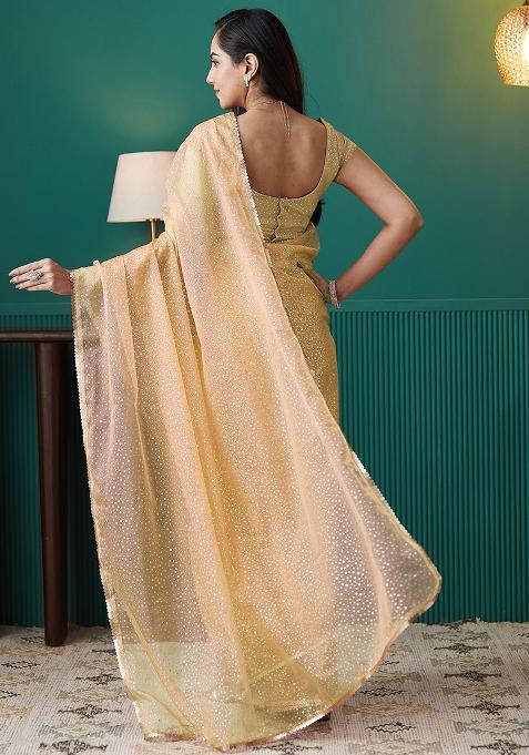Yellow Printed Organza Pre Stitched Saree