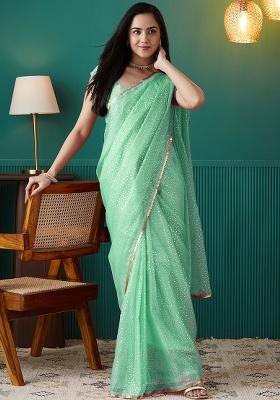 Green Printed Organza Pre Stitched Saree