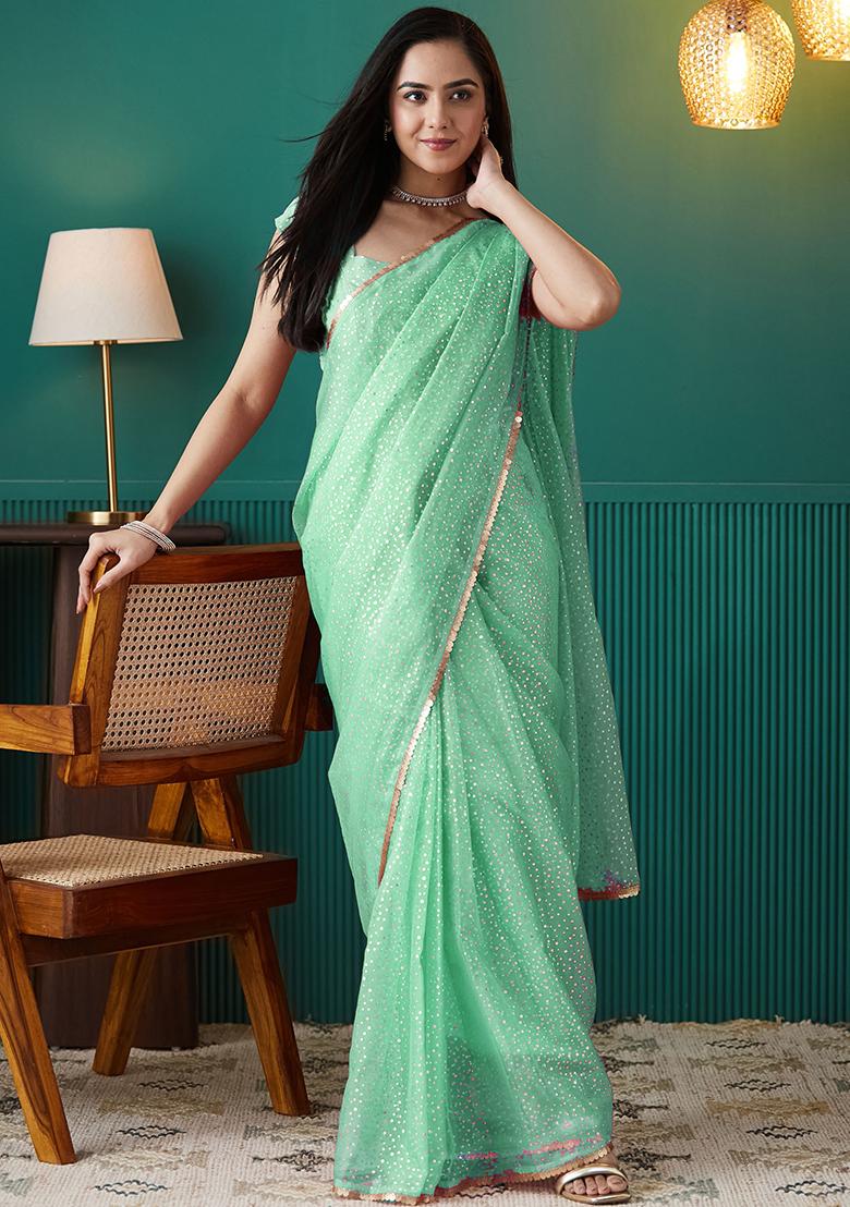 Green Printed Organza Pre Stitched Saree