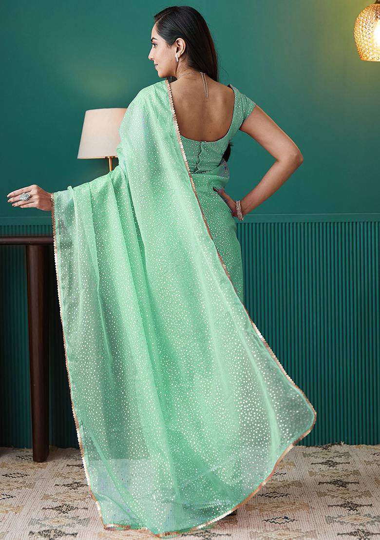 Green Printed Organza Pre Stitched Saree