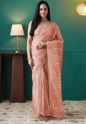 Peach Wevon Organza Pre Stitched Saree