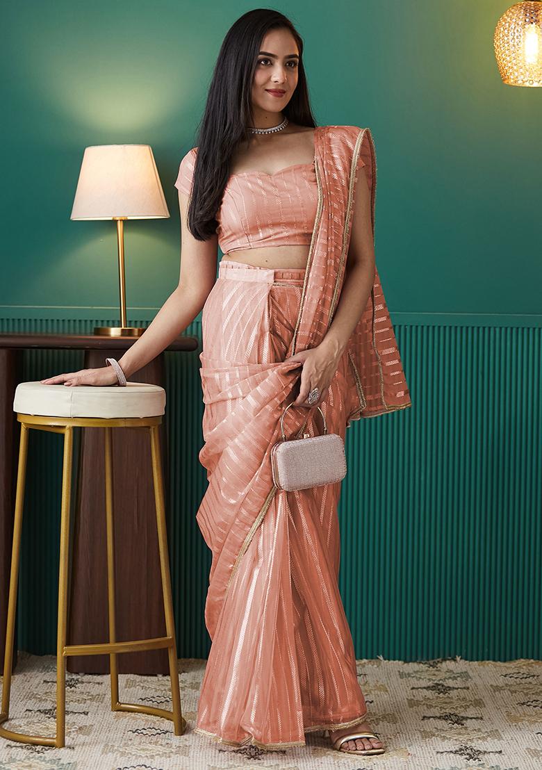 Peach Wevon Organza Pre Stitched Saree