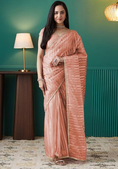 Peach Wevon Organza Pre Stitched Saree