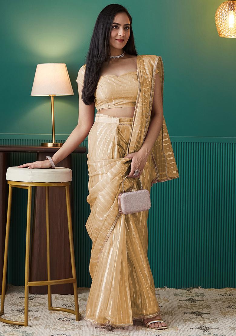 Yellow Wevon Organza Pre Stitched Saree