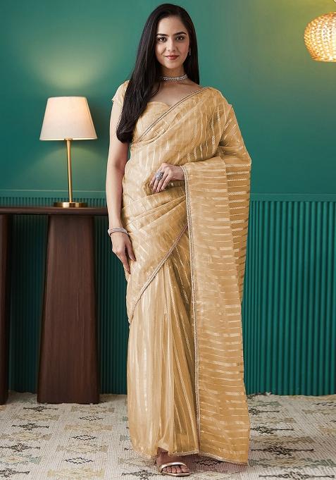 Yellow Wevon Organza Pre Stitched Saree