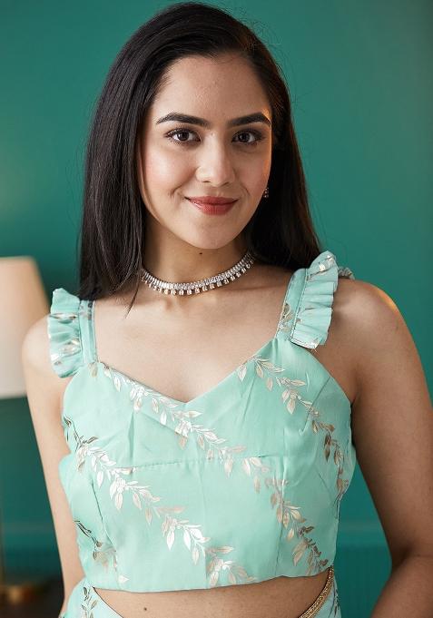 Sea Green Printed Organza Pre Stitched Saree