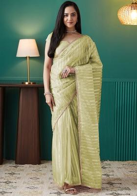 Pista Green Printed Organza Pre Stitched Saree