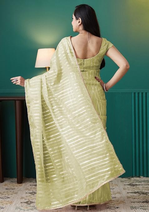 Pista Green Printed Organza Pre Stitched Saree