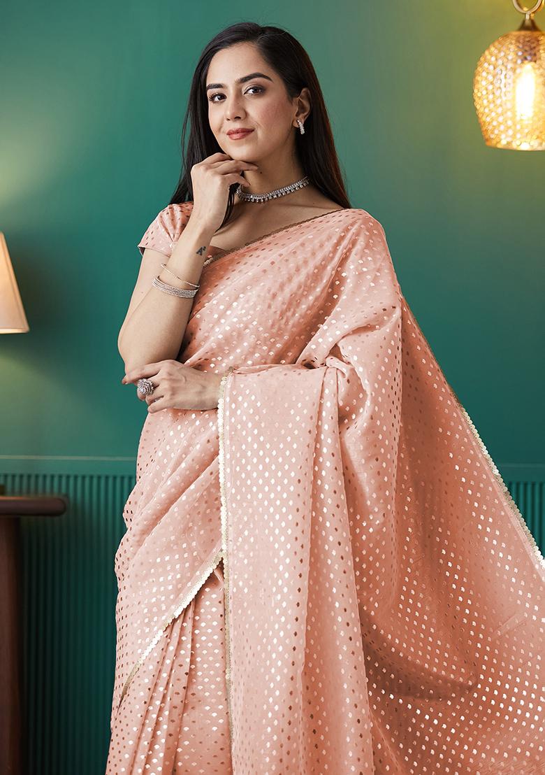 Peach Printed Organza Pre Stitched Saree