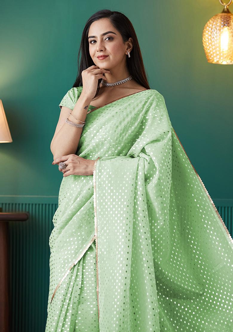Green Printed Organza Pre Stitched Saree
