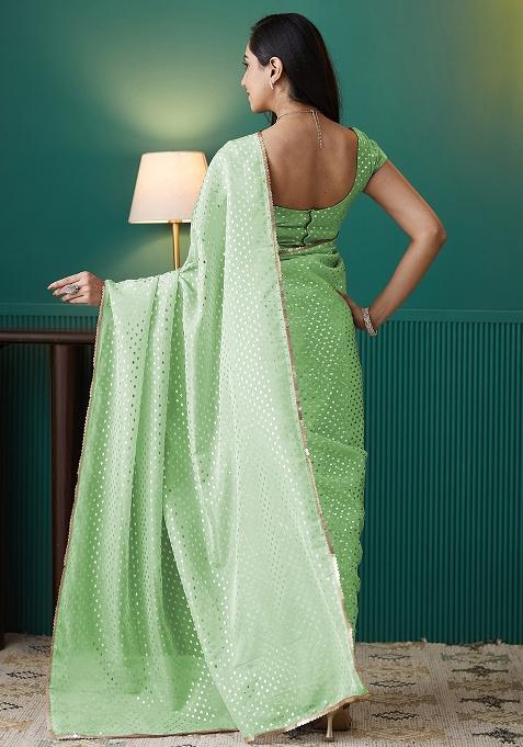 Green Printed Organza Pre Stitched Saree