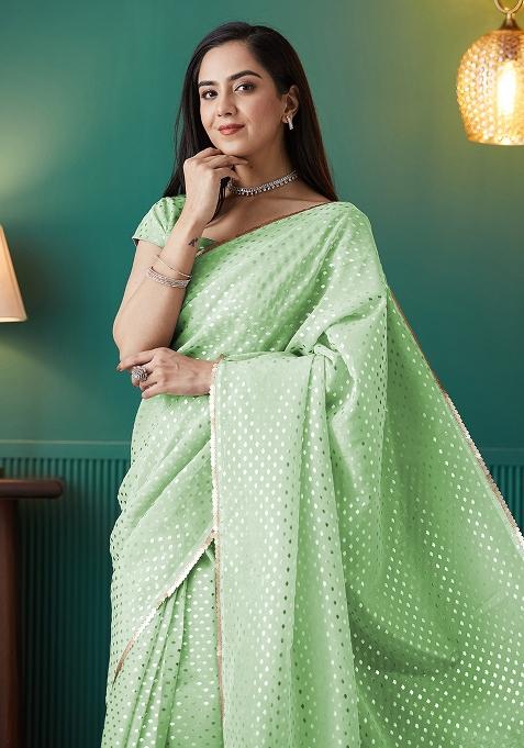 Green Printed Organza Pre Stitched Saree