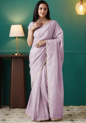 Purple Printed Organza Pre Stitched Saree