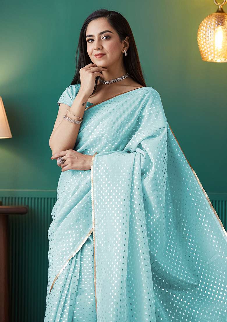 Sky Blue Printed Organza Pre Stitched Saree - Indya