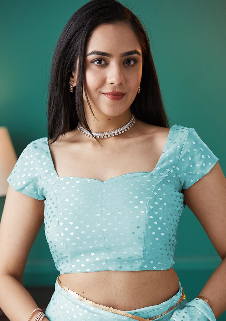 Sky Blue Printed Organza Pre Stitched Saree