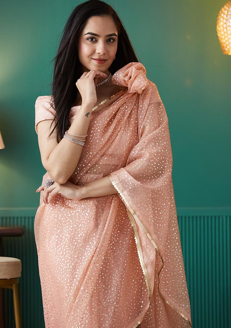 Peach Printed Organza Pre Stitched Saree