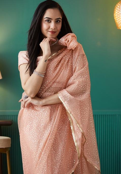 Peach Printed Organza Pre Stitched Saree