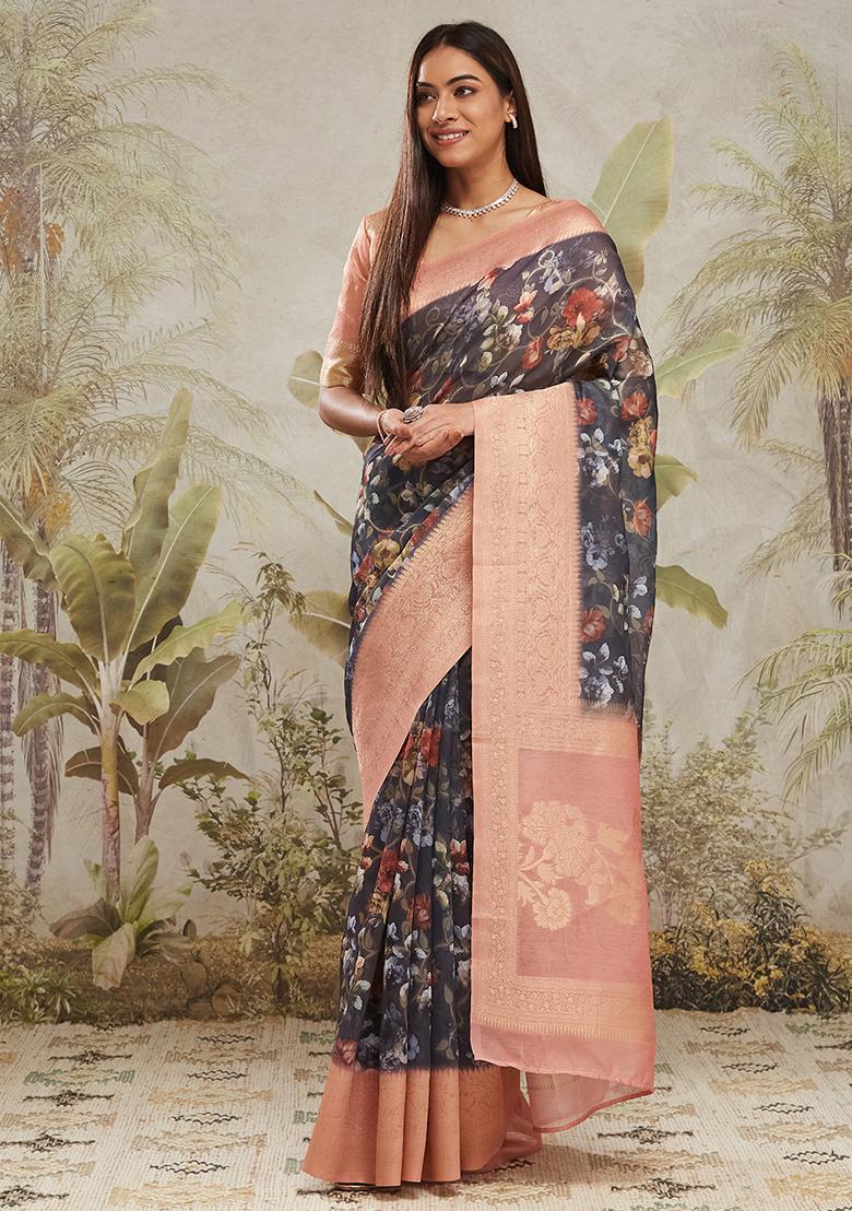 Navy Blue Printed Jacquard Silk Pre Stitched Saree