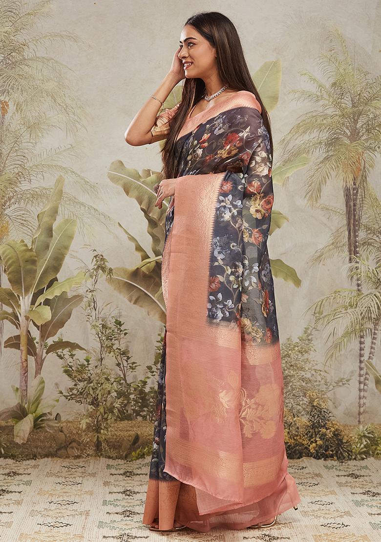 Navy Blue Printed Jacquard Silk Pre Stitched Saree