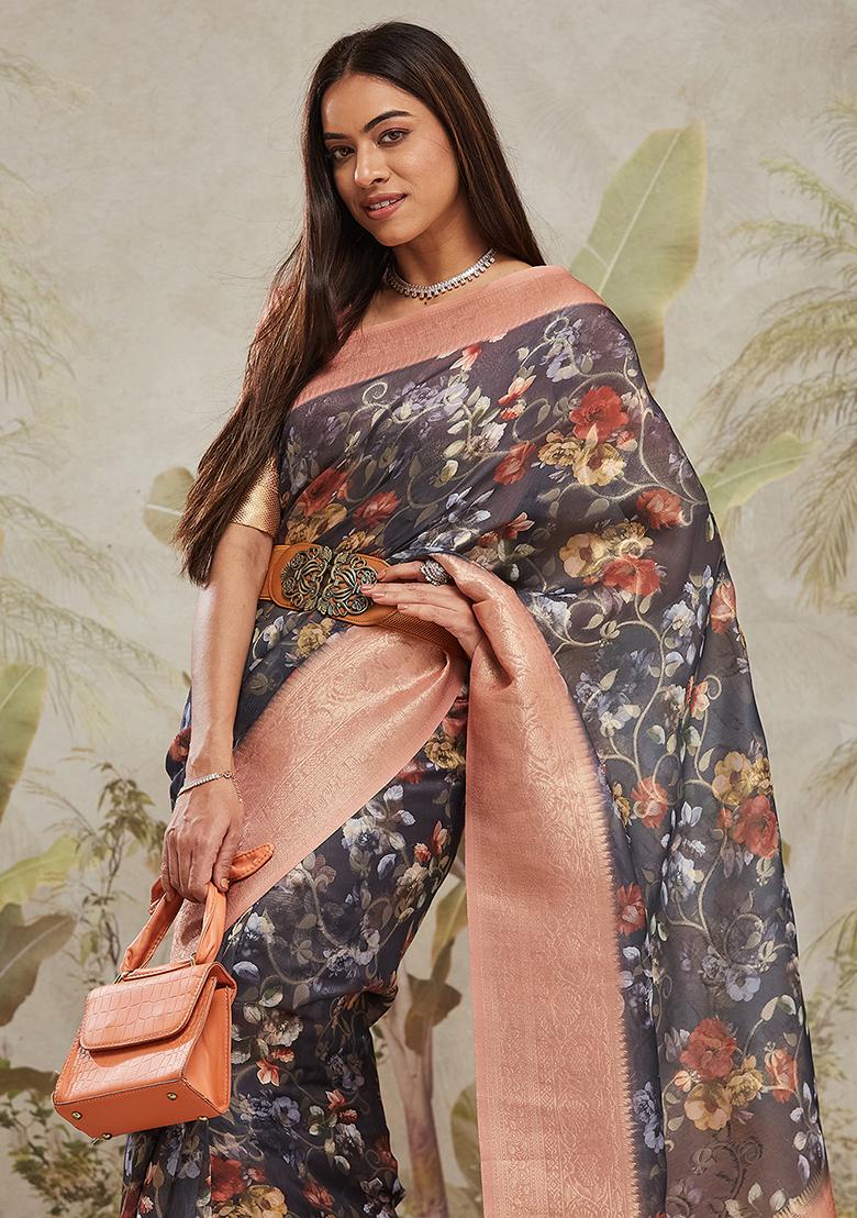 Navy Blue Printed Jacquard Silk Pre Stitched Saree