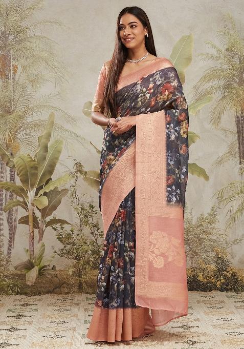 Navy Blue Printed Jacquard Silk Pre Stitched Saree