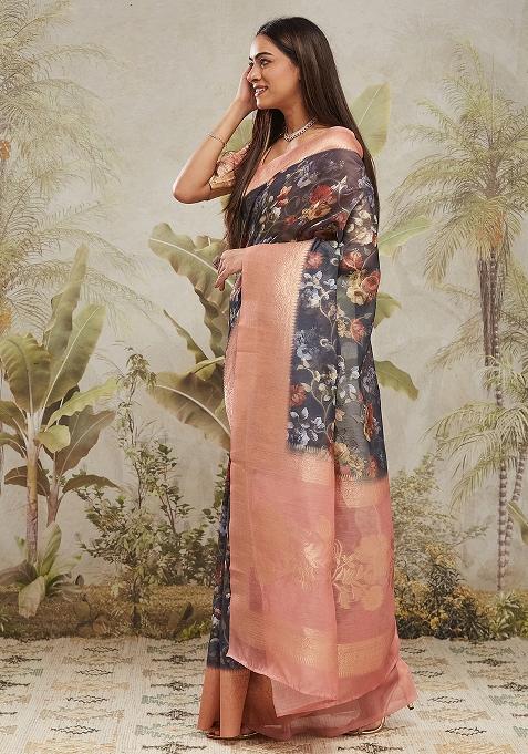 Navy Blue Printed Jacquard Silk Pre Stitched Saree