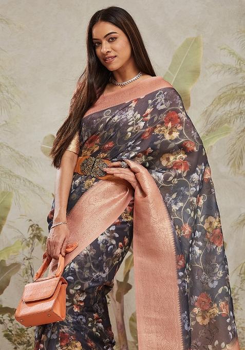 Navy Blue Printed Jacquard Silk Pre Stitched Saree