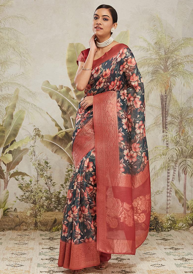 Green Printed Jacquard Silk Pre Stitched Saree