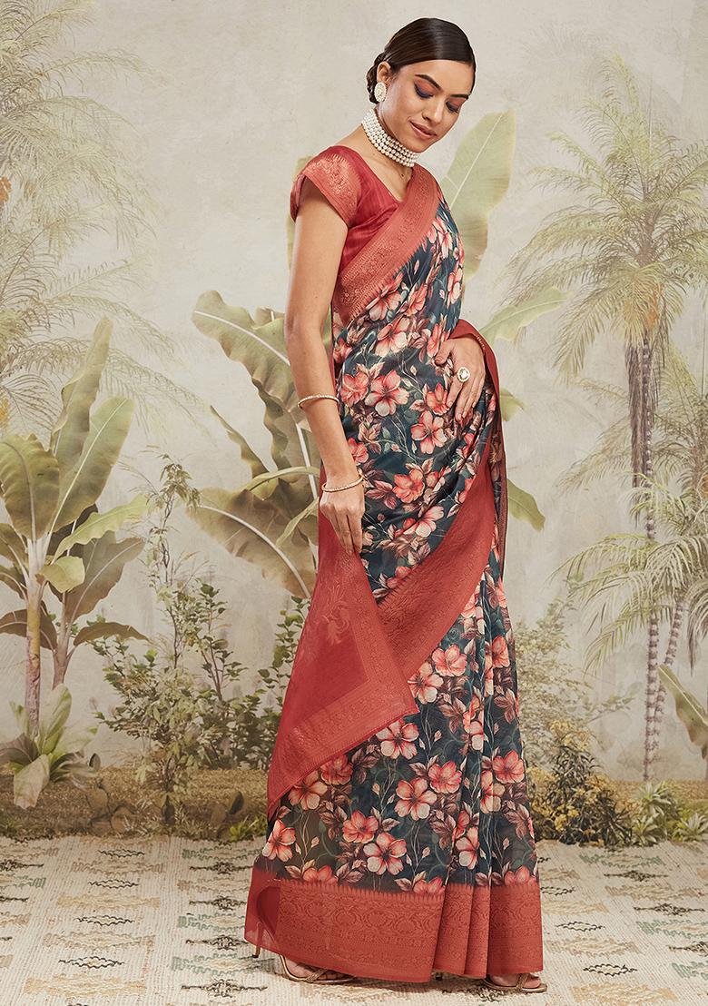 Green Printed Jacquard Silk Pre Stitched Saree