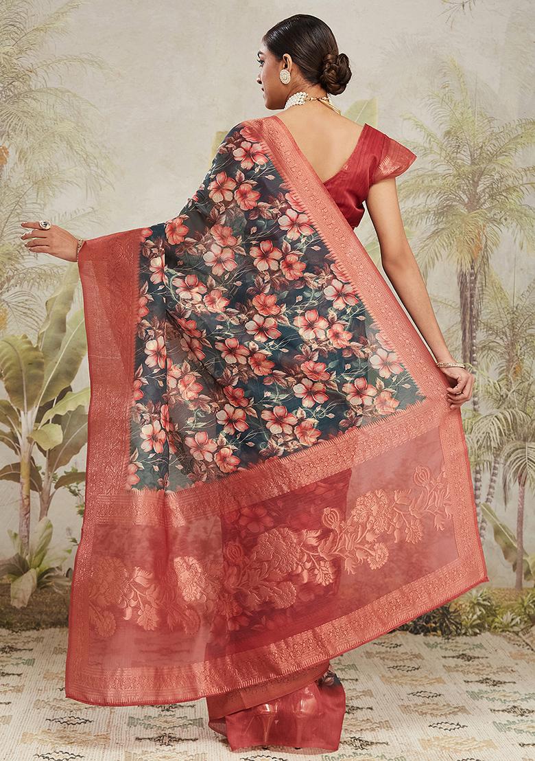 Green Printed Jacquard Silk Pre Stitched Saree