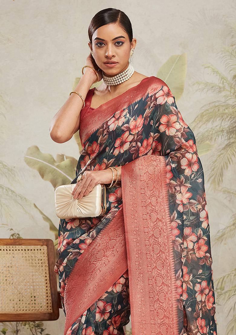 Green Printed Jacquard Silk Pre Stitched Saree