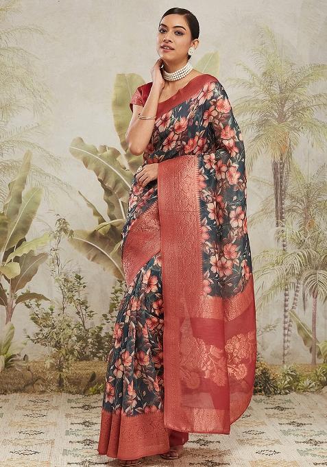 Green Printed Jacquard Silk Pre Stitched Saree