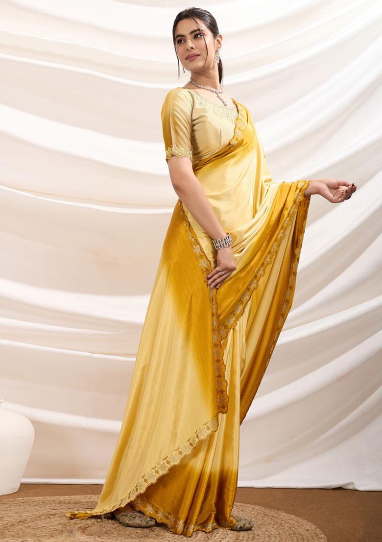 Yellow Plain Crepe Saree Set