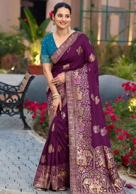 Wine Woven Silk Blend Saree Set